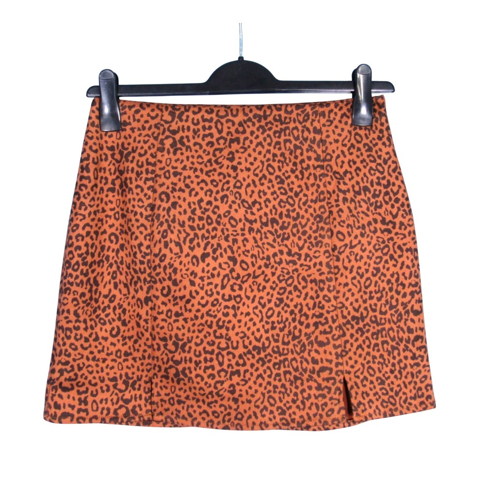 LOST + WANDER Brown LEOPARD PRINT Faux Suede ZIP Front Slits MINI SKIRT Sz S